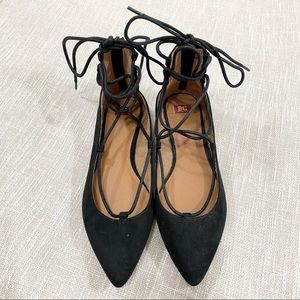 BC Footwear Lace Up Black Suede Pointed Toe Ballet Flats Size 6.5